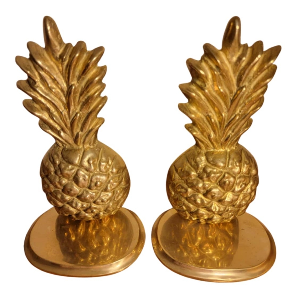 Vintage Brass Heavy Pineapple Bookends MCM Beach Tropical Decor Set of 2